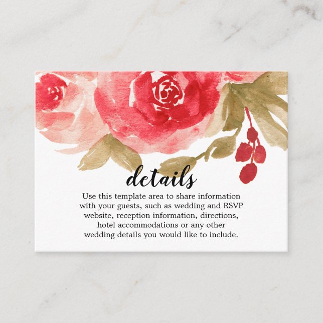 Elegante Red Watercolor Rose Hochzeiten Details Begleitkarte (Vorderseite)