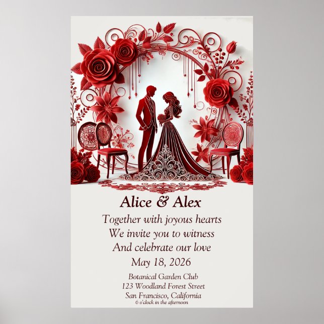 Elegante Red Wedding Illustration mit Blumendesign Poster (Vorne)
