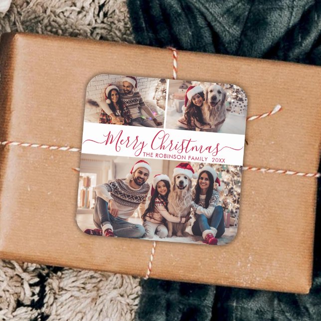 Elegante Red White 3 Foto Collage Weihnachten Quadratischer Aufkleber (Von Creator hochgeladen)