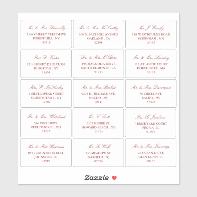 Elegante Red & White Wedding individuelle Adresse Aufkleber (Blatt)