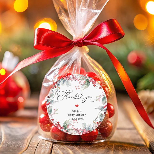 Elegante Red Winter Floral Baby Shower Vielen Dank Runder Aufkleber (Von Creator hochgeladen)