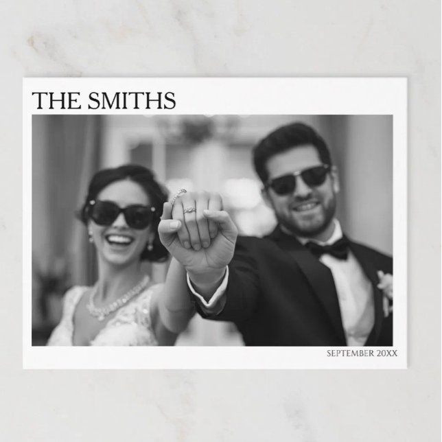 Elegante redaktionelle Hochzeits-Elopement-Postkar Postkarte (Wedding Photo Engagement Elopement Cards)