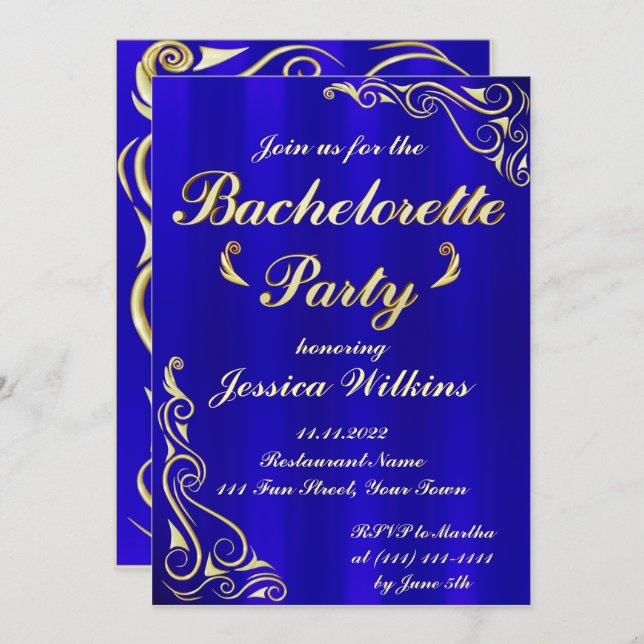 Elegante Regal Golden Royal Blue Junggeselinnen-Ab Einladung (Vorne/Hinten)