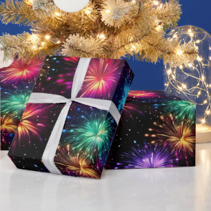 Elegante Regenbogen-Feuerwerke auf schwarzem Hinte Geschenkpapier