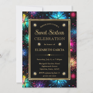 Elegante Regenbogen-Feuerwerkrahmen Sweet Sixteen Einladung