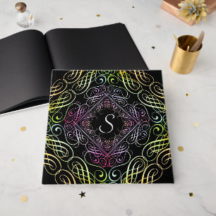 Elegante Regenbogen-Ornament-Schrift auf Schwarz Gästebuch