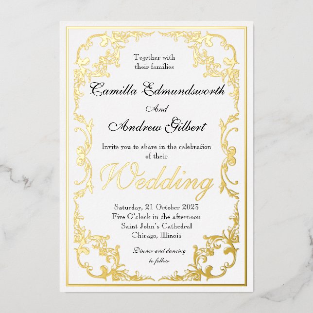 Elegante Regency Gold Verziert Border Wedding Folieneinladung (Vorderseite)