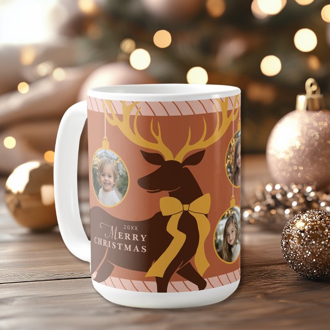 Elegante Reindeer 3 Foto Collage Weihnachten Kaffeetasse (Shown on a 15 oz. mug)