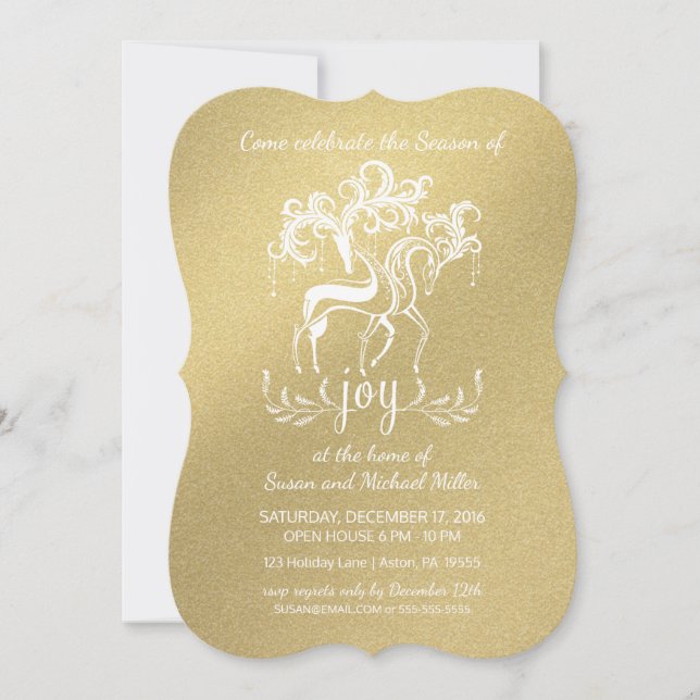 Elegante Reindeer Joy Holiday Party Imitats-Gold Einladung (Vorderseite)