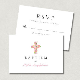 Elegante religiöse Blumenrosa Cross Girl Taufe RSVP Karte