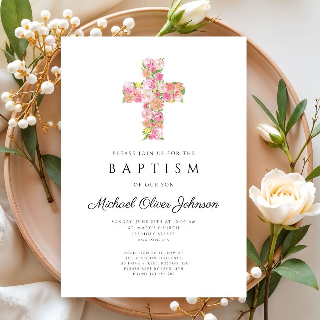 Elegante religiöse Blumenrosa-Kreuztaufe Einladung (Elegant Religious Floral Pink Cross Baptism Invitation)