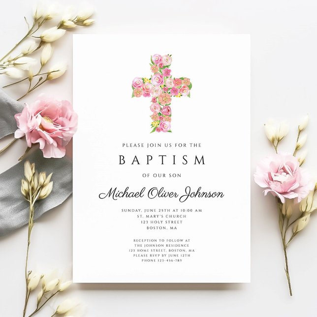 Elegante religiöse Blumenrosa-Kreuztaufe Einladung (Elegant Religious Floral Pink Cross Baptism Invitation)
