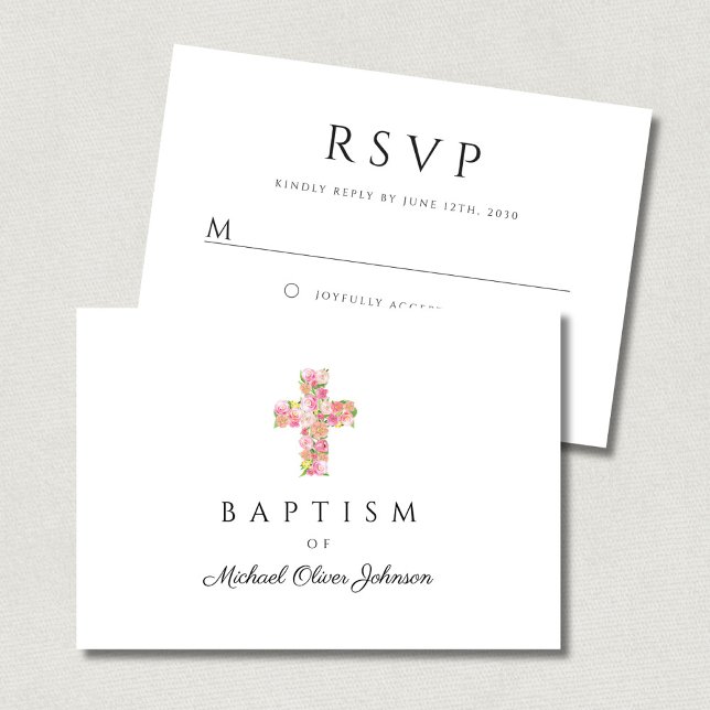 Elegante religiöse Blumenrosa-Kreuztaufe RSVP Karte (Elegant Religious Floral Pink Cross Baptism RSVP Card)