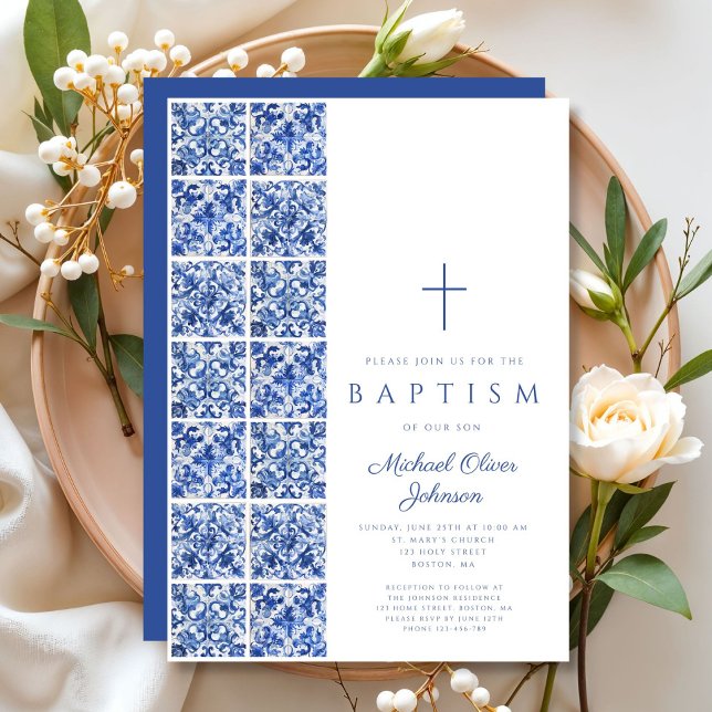 Elegante religiöse Cross Blue Tiles Taufe Einladung (Elegant Religious Cross Blue Tiles Baptism Invitation)