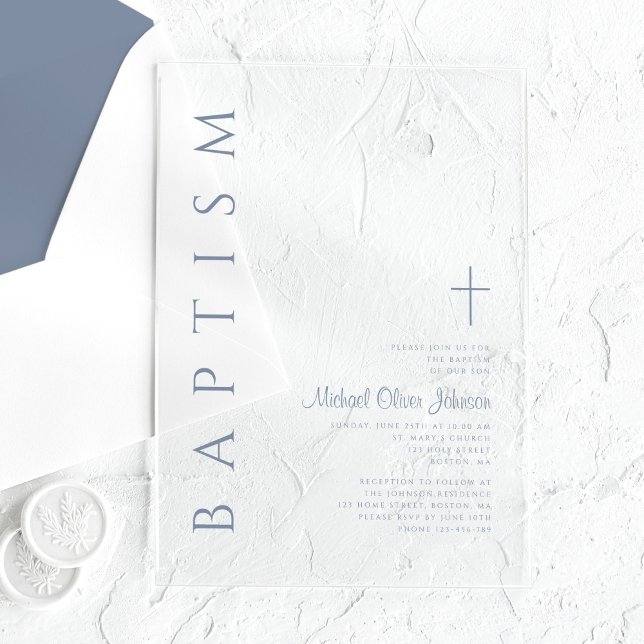 Elegante religiöse Cross Dusty Blue Boy Taufe Acryleinladungen (Elegant Religious Cross Dusty Blue Boy Baptism Acrylic Invitations)