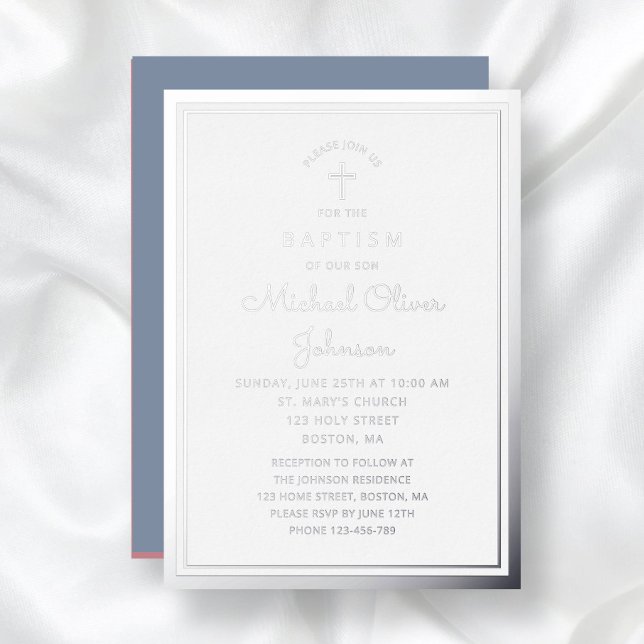 Elegante religiöse Cross Dusty Blue Boy Taufe Folieneinladung (Elegant Religious Cross Dusty Blue Boy Baptism Foil Invitation)