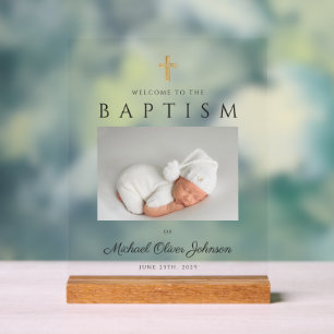 Elegante religiöse Cross Foto Boy Baptism Willkomm Acrylschild