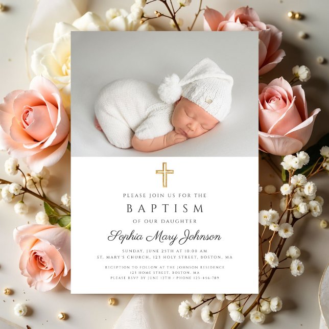 Elegante religiöse Cross-Girl-Foto-Taufe Einladung (Elegant Religious Cross Girl Photo Baptism Invitation)