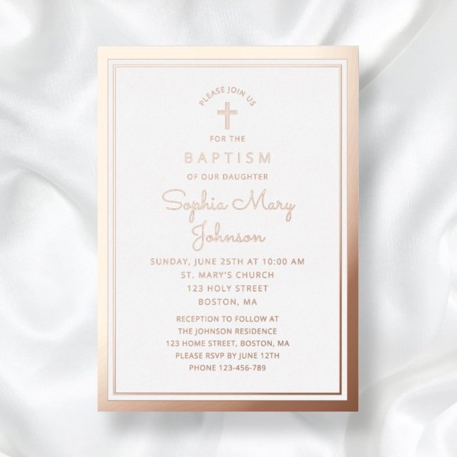Elegante religiöse Cross Girl Taufe Rose Gold Folieneinladung (Elegant Religious Rose Gold Cross Script Baptism Foil Invitation)