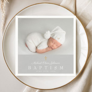 Elegante religiöse Cross Graue Foto Taufe Serviette