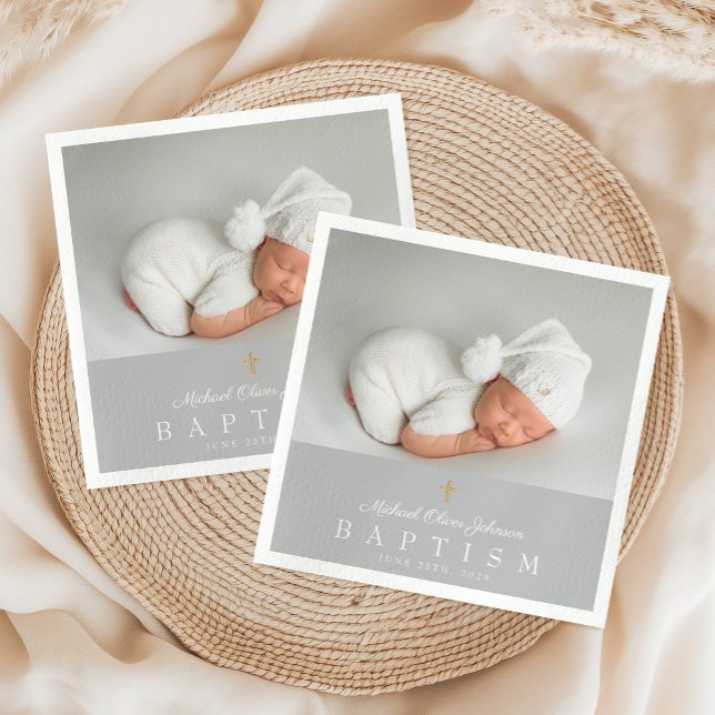 Elegante religiöse Cross Graue Foto Taufe Serviette (Elegant Religious Cross Gray Photo Baptism Napkins)