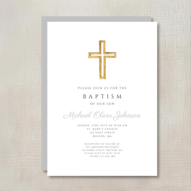 Elegante religiöse Cross Gray Script Boy Taufe Einladung (Elegant Religious Cross Gray Script Boy Baptism Invitation)