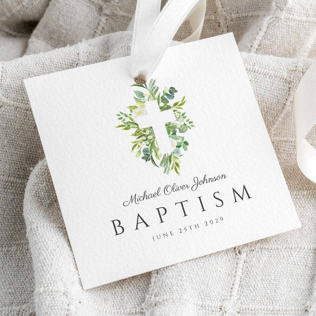 Elegante religiöse Cross Green Botanical Baptism Geschenkanhänger (Elegant Religious Cross Green Botanical Baptism Favor Tags)