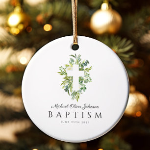 Elegante religiöse Cross Green Botanical Baptism Keramik Ornament