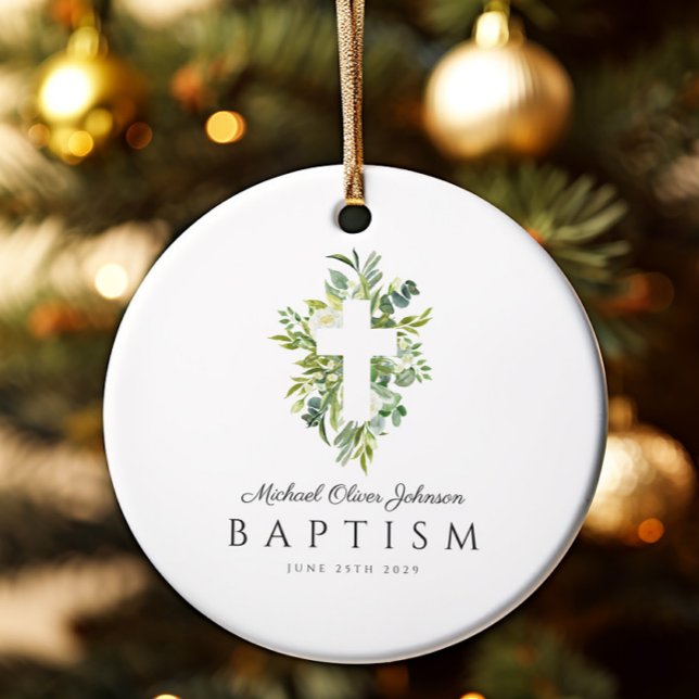 Elegante religiöse Cross Green Botanical Baptism Keramik Ornament (Elegant Religious Cross Green Botanical Baptism Ceramic Ornament)