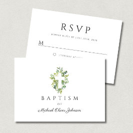Elegante religiöse Cross Green Botanical Baptism RSVP Karte