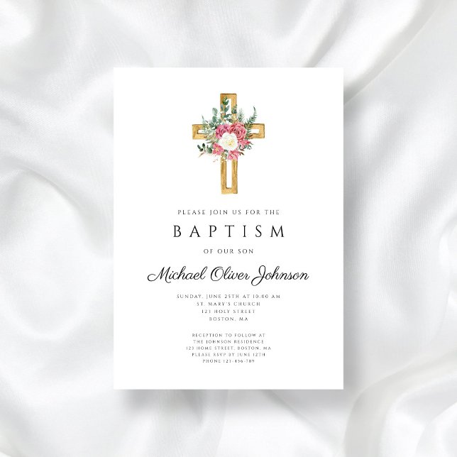 Elegante religiöse Cross Pink Floral Taufe Einladung (Elegant Religious Cross Pink Floral Baptism Invitation)