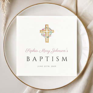 Elegante religiöse Cross Pink Floral Taufe Serviette