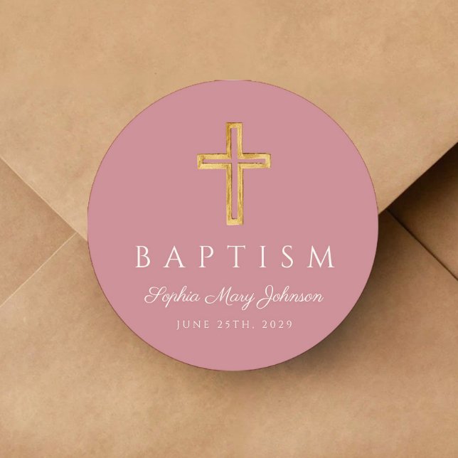 Elegante religiöse Cross-Pink-Girl-Taufe Runder Aufkleber (Elegant Religious Cross Pink Girl Baptism Classic Round Sticker)