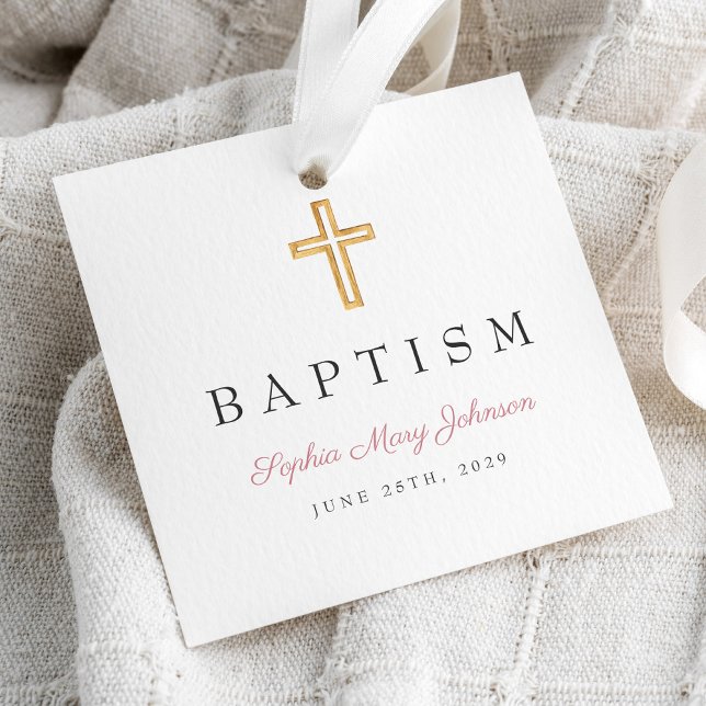 Elegante religiöse Cross Pink Script Taufe Geschenkanhänger (Elegant Religious Cross Pink Script Baptism Favor Tags)