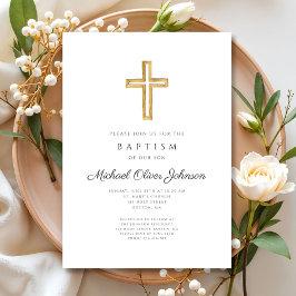 Elegante religiöse Cross Script Boy Taufe Einladung