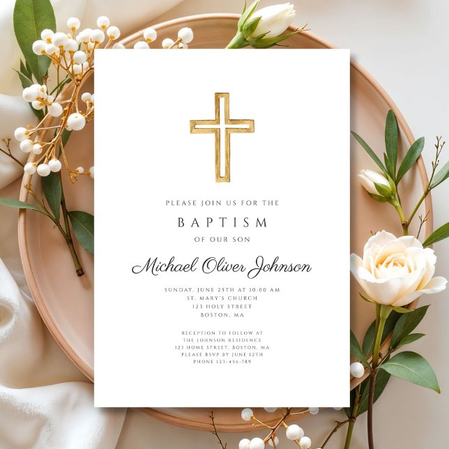 Elegante religiöse Cross Script Boy Taufe Einladung (Elegant Religious Cross Script Boy Baptism Invitation)