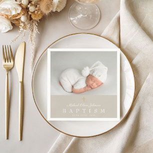 Elegante religiöse Cross Taupe Foto Taufe Serviette