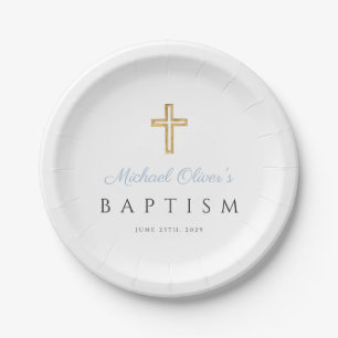 Elegante religiöse Kreuz Baby Blau Schrift Taufe Pappteller