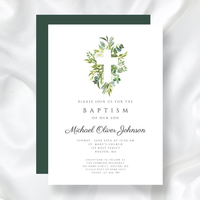 Elegante religiöse Kreuzbotanische Taufe Einladung (Elegant Religious Cross Botanical Baptism Invitation)