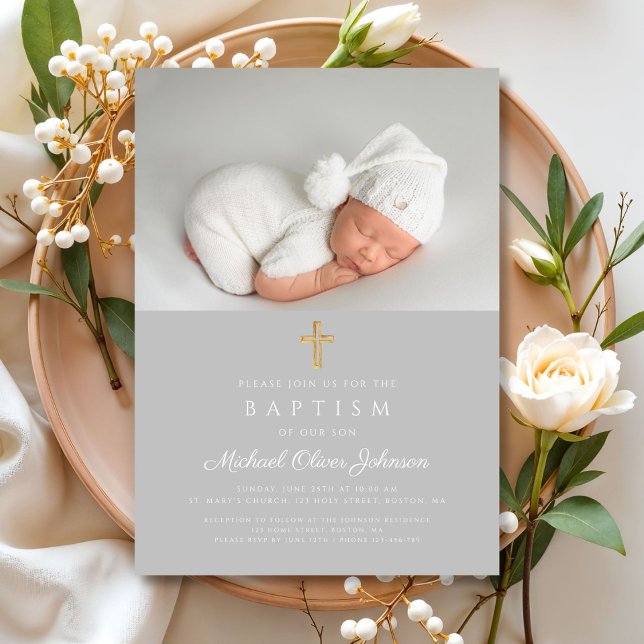 Elegante religiöse Kreuztaufe des Fotos Einladung (Elegant Religious Cross Photo Baptism Invitation)