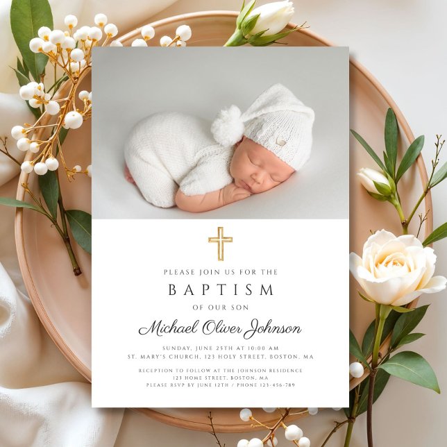 Elegante religiöse Kreuztaufe des Fotos Einladung (Elegant Religious Cross Photo Baptism Invitation)