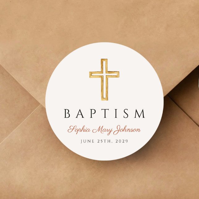 Elegante religiöse Kreuzterrakotta-Taufe Runder Aufkleber (Elegant Religious Cross Terracotta Baptism Classic Round Sticker)