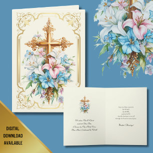 Elegante religiöse Ostergoldkreuzlilien. Feiertagskarte