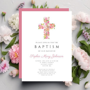 Elegante religiöse rosa florale Kreuz-Taufe Einladung