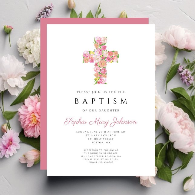 Elegante religiöse rosa, florale Kreuztaufe Einladung (Elegant Religious Pink Floral Cross Baptism Invitation)