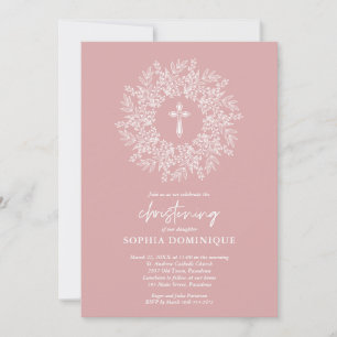 Elegante religiöse rosa Kreuz Mädchen Taufkleid Einladung