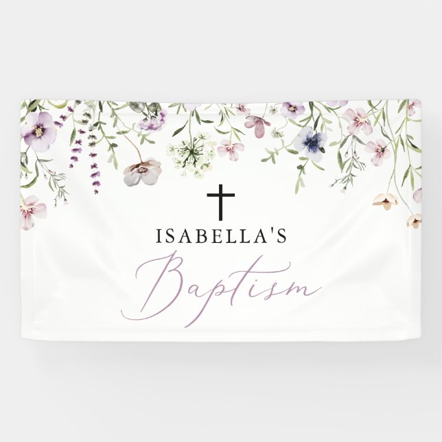 Elegante religiöse rosa Wildblume Girl Baptism Banner (Horizontal)