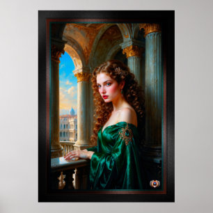 Elegante Renaissance-Frau in grünem Kleid Poster