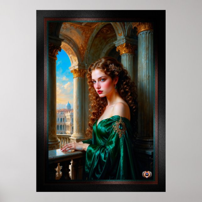 Elegante Renaissance-Frau in grünem Kleid Poster (Vorne)