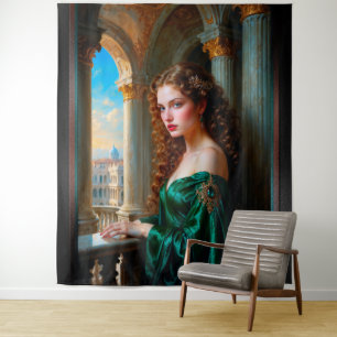 Elegante Renaissance-Frau in grünem Kleid Wandteppich